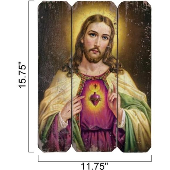 Sacred Heart of Jesus Picture Painting Wood Print Art 16inch Vintage, 1pc - Picture 5 of 6